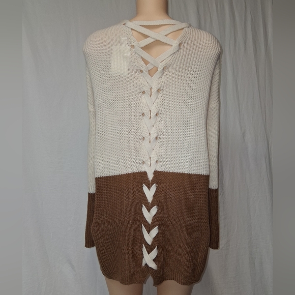 Mine New  Cream and Brown Colorblock Cardigan Size L - Picture 12 of 16